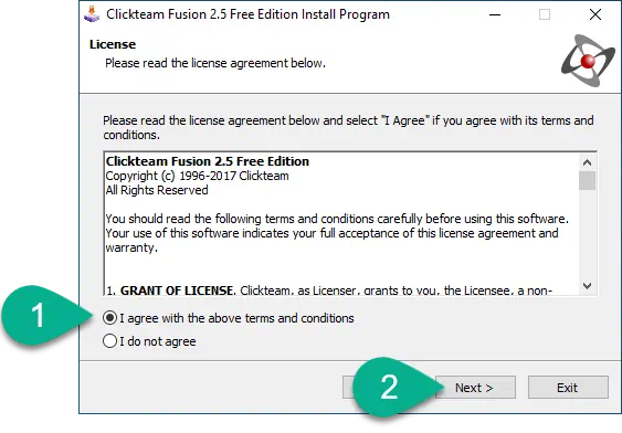 Принятие лицензионного соглашения Clickteam Fusion