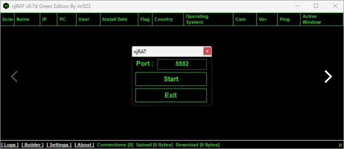 Интерфейс njRAT 0.7 Green Edition